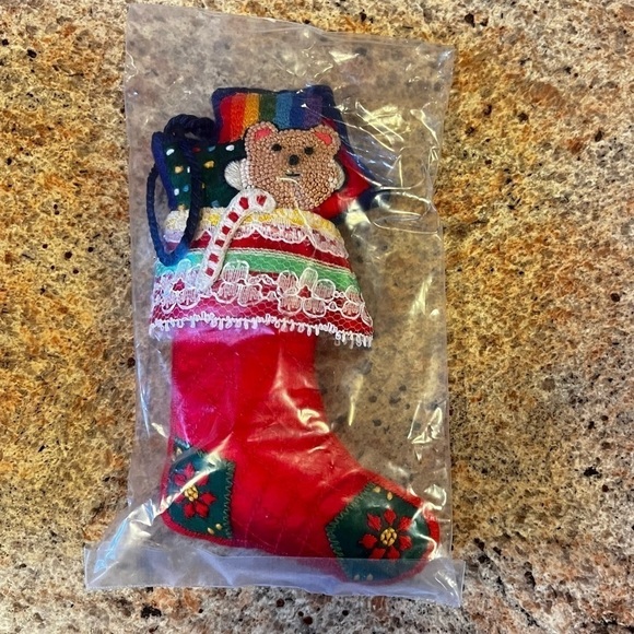 NEW Vintage 1983 Hallmark Ornament Hand Embroidered Stocking Rainbow Teddy - Picture 2 of 8